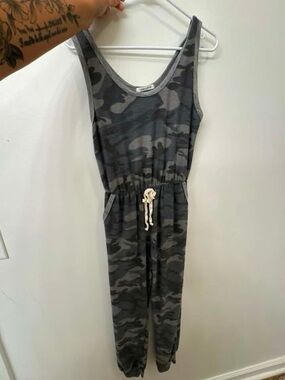 Gray Camo Sleeveless Drawstring Jumpsuit